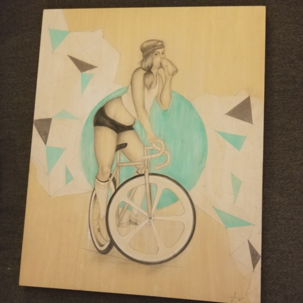 Girl on Bike on Wood Original Signed